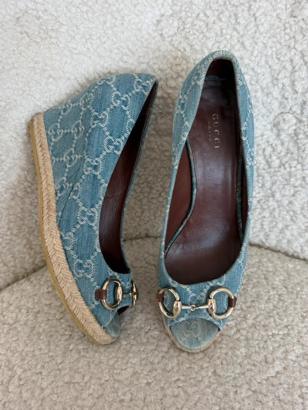 gucci charlotte denim horsebit wedge espadrilles