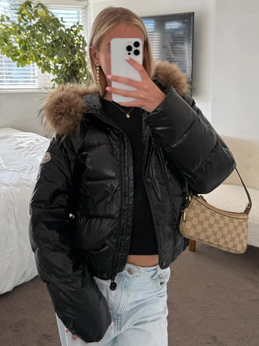 Moncler Maya Shiny Black Fur Hood Puffer Jacket
