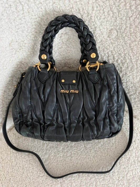 miu miu black matelassé leather coffer bag