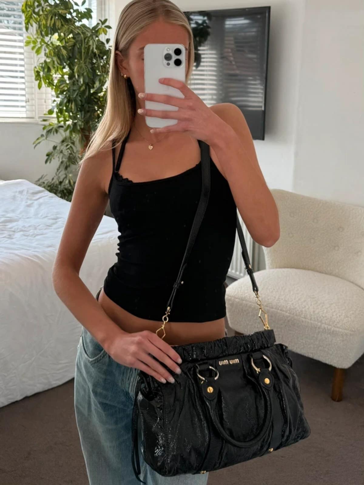 Miu Miu Black Vitello Lux Glazed Leather Ruched Bow Bag