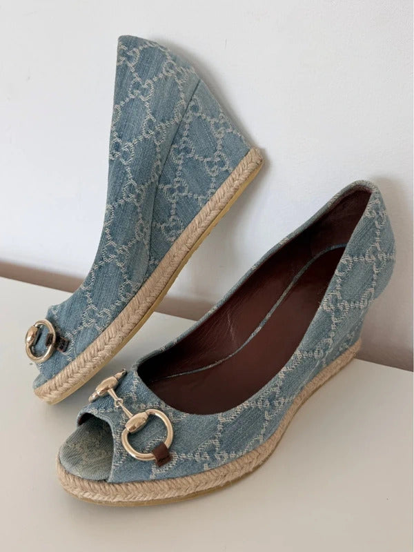 gucci charlotte denim horsebit wedge espadrilles