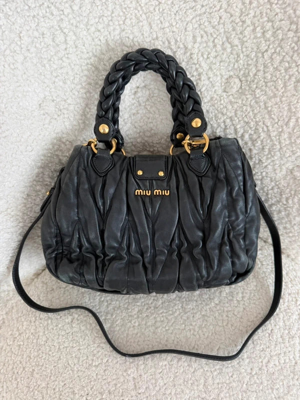 miu miu black matelassé leather coffer bag