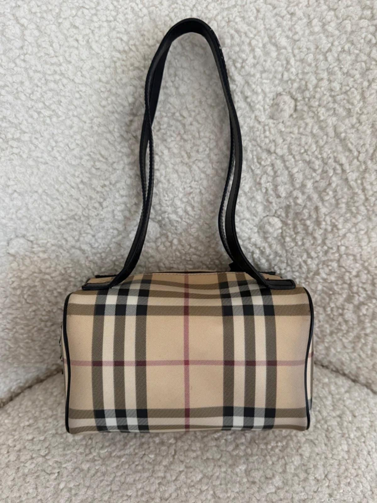 Burberry Nova Check Mini Barrel Shoulder Bag Black Leather Trim