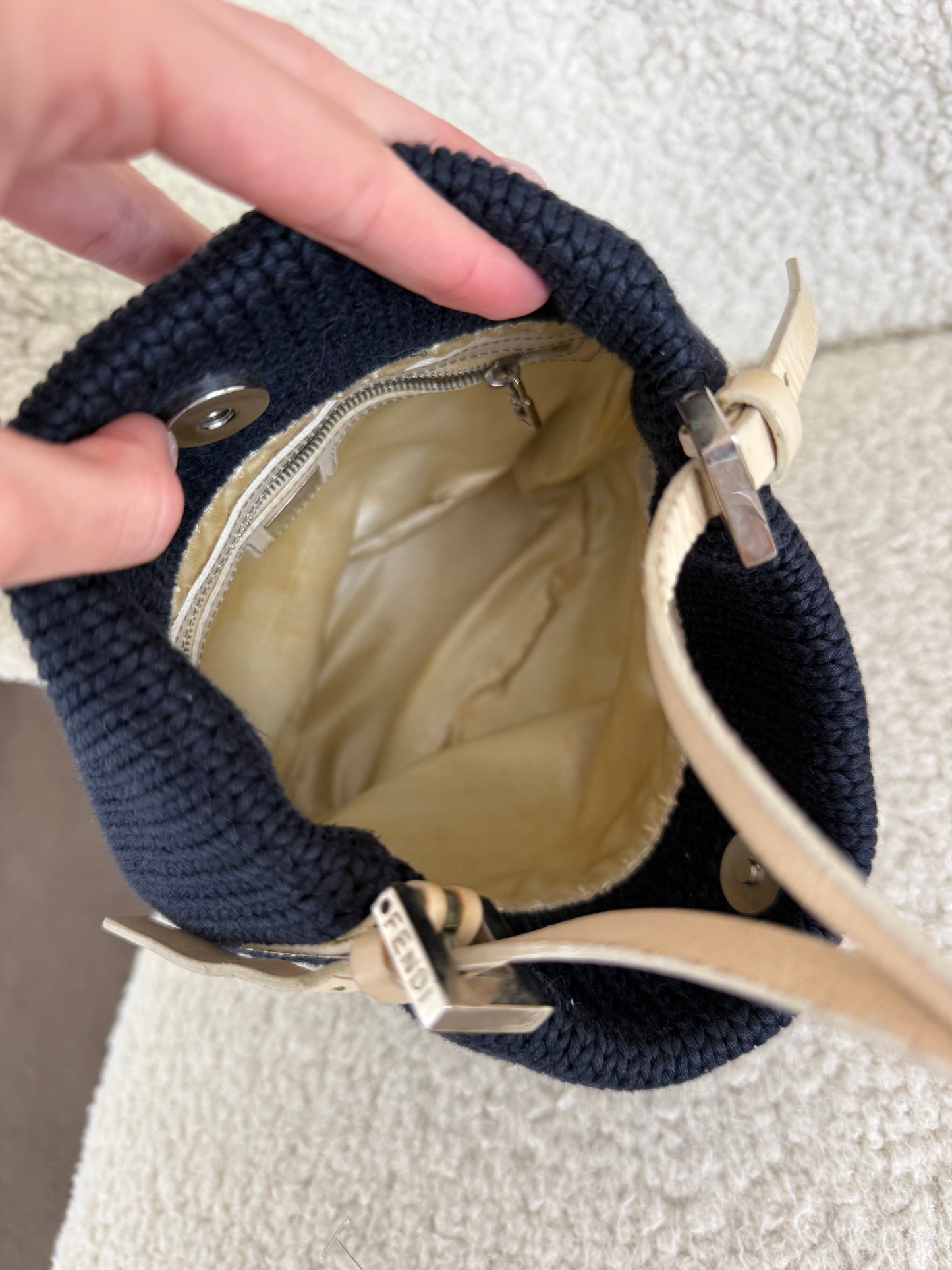 Fendi Zucca Logo Knit Shoulder Bag Navy