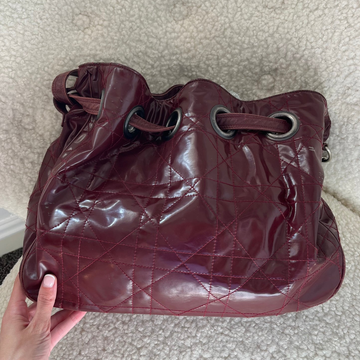 Dior Bordeaux Patent Bucket Bag