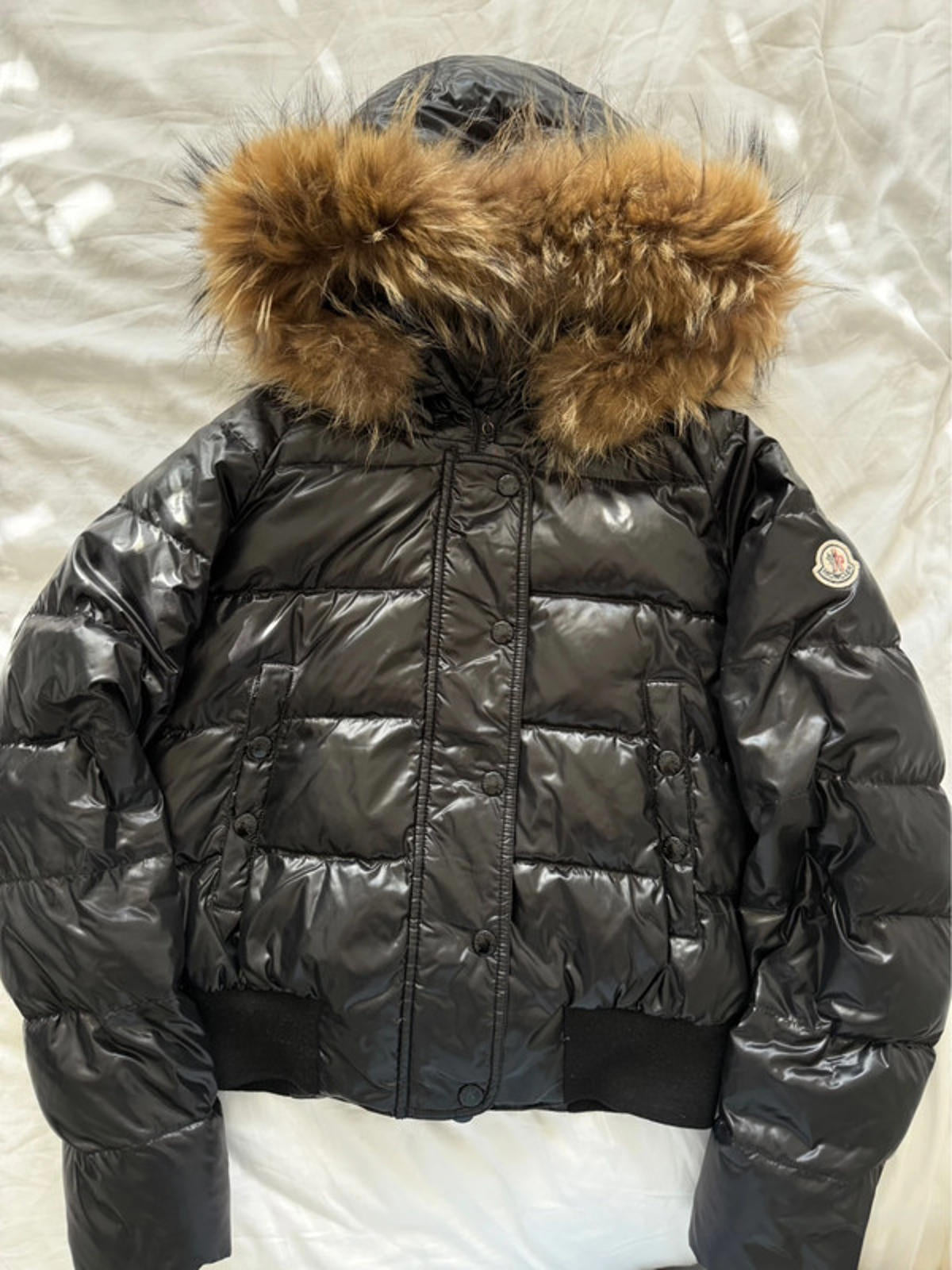 Moncler Maya Shiny Black Fur Hood Puffer Jacket