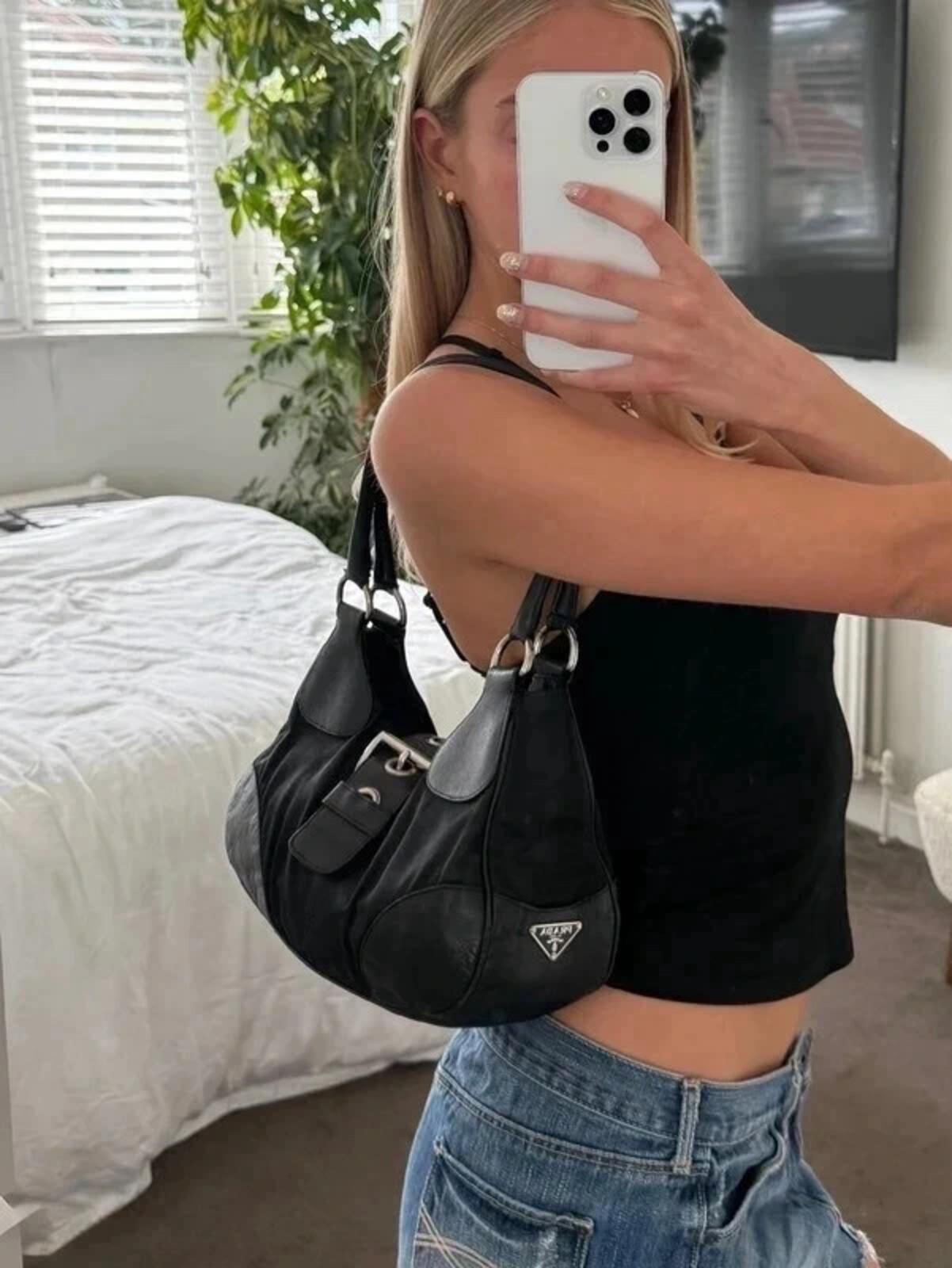 Prada nylon buckle half moon shoulder bag in black