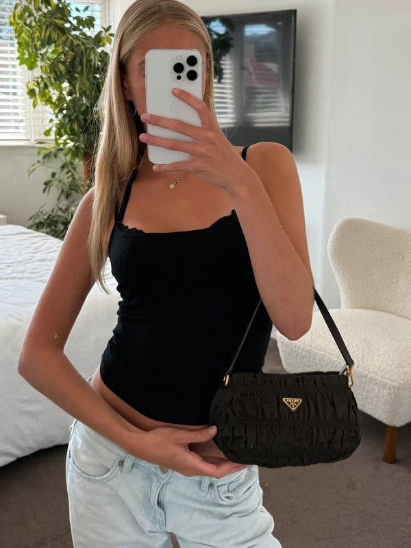 prada tessuto gaufré ruched nylon shoulder bag black