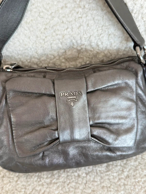 prada metallic grey leather bow shoulder bag