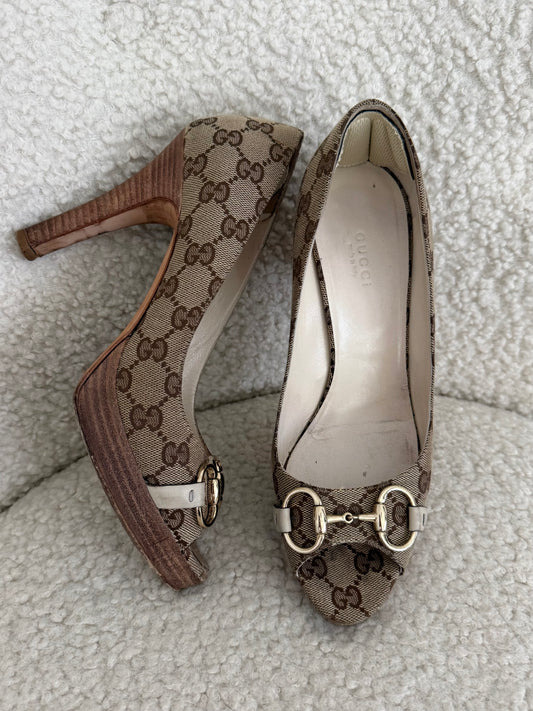 Gucci GG Canvas Horsebit Block Heel Pumps - size 6