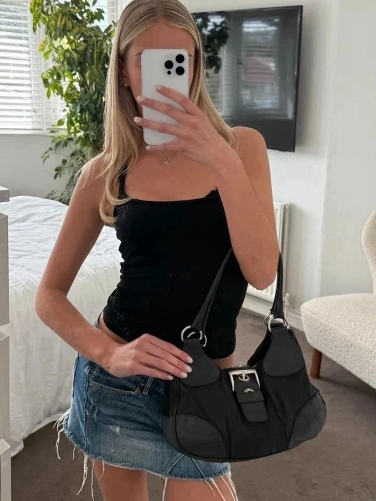 Prada nylon buckle half moon shoulder bag in black