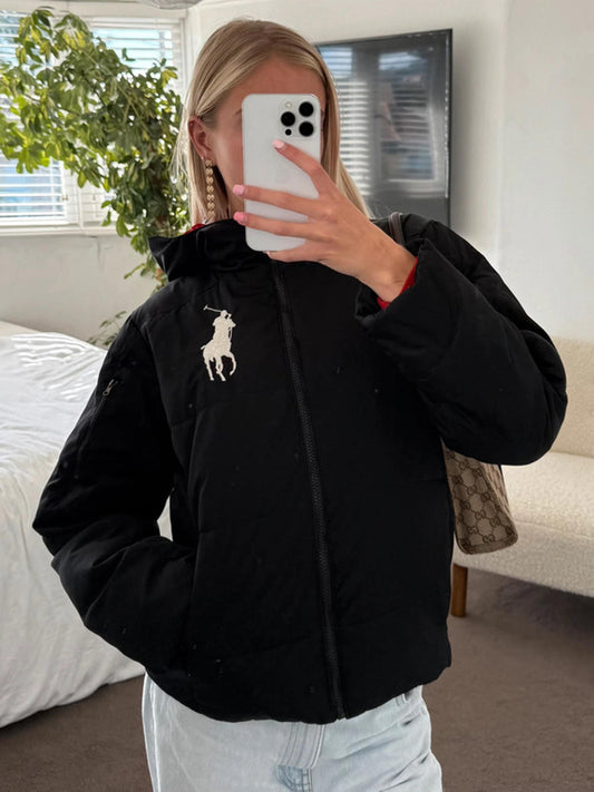Black Ralph Lauren Puffer Jacket with White Big Pony Logo