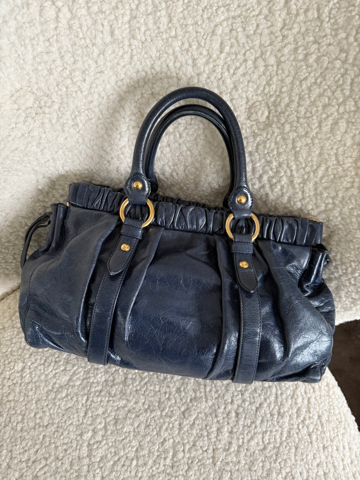 Miu Miu Blue Vitello Shine Satchel hand bag