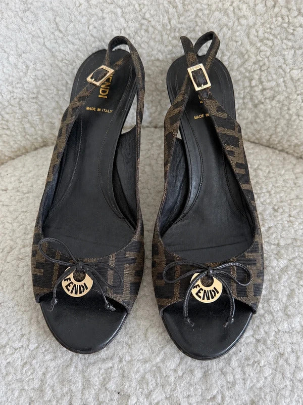 Fendi Zucca Canvas Logo Plaque Peep Toe Slingback Heels