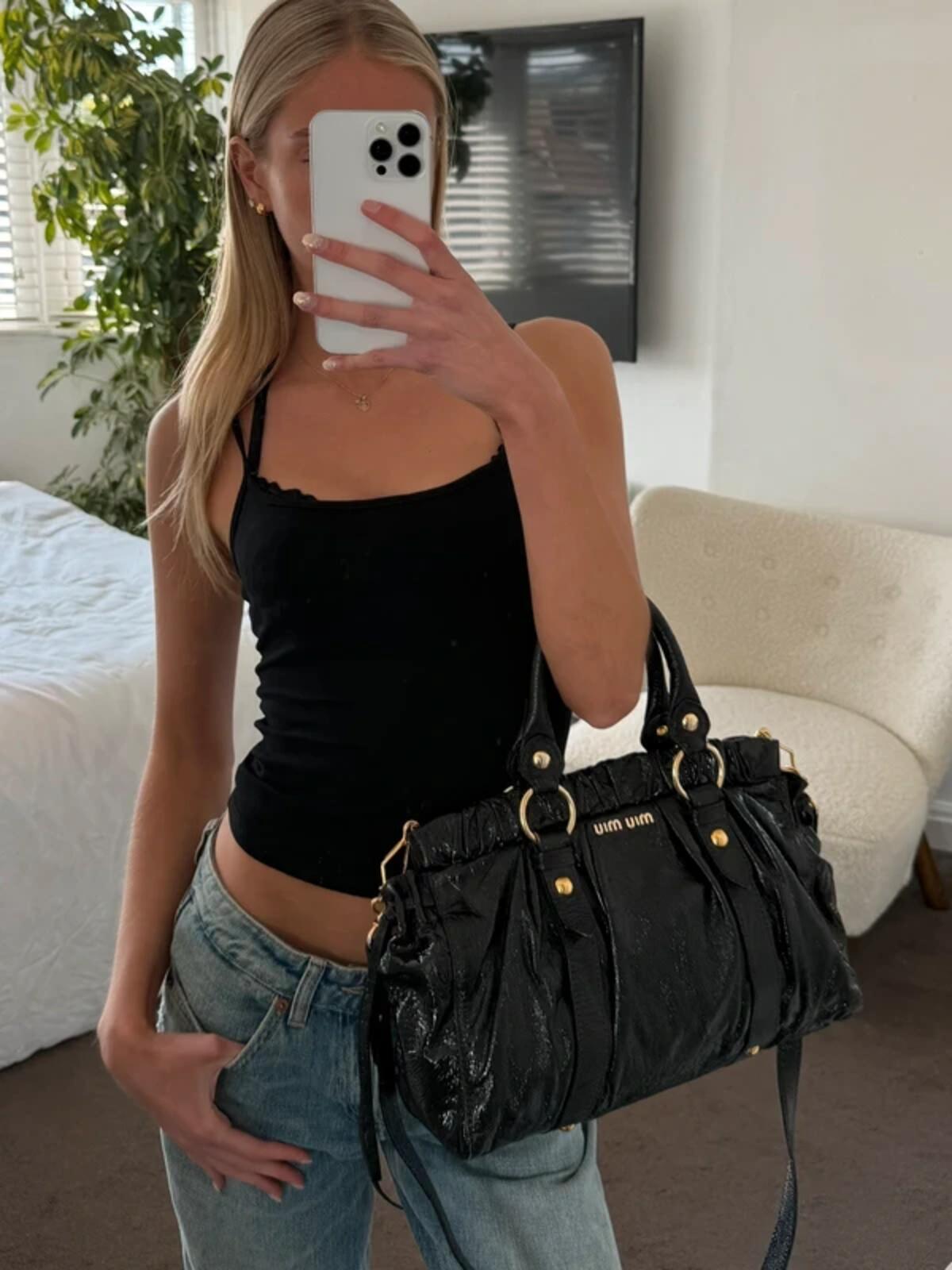 Miu Miu Black Vitello Lux Glazed Leather Ruched Bow Bag