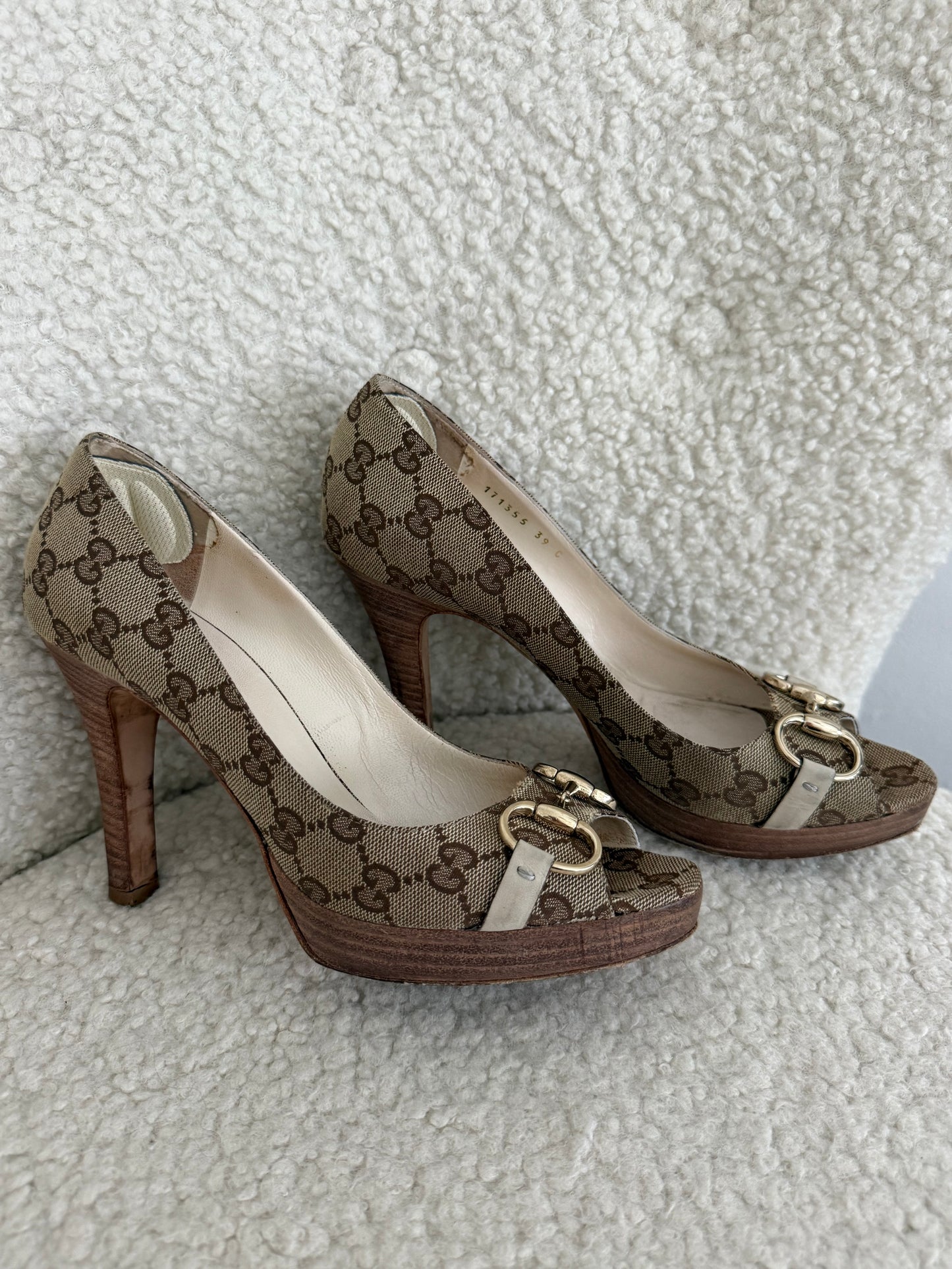 Gucci GG Canvas Horsebit Block Heel Pumps - size 6