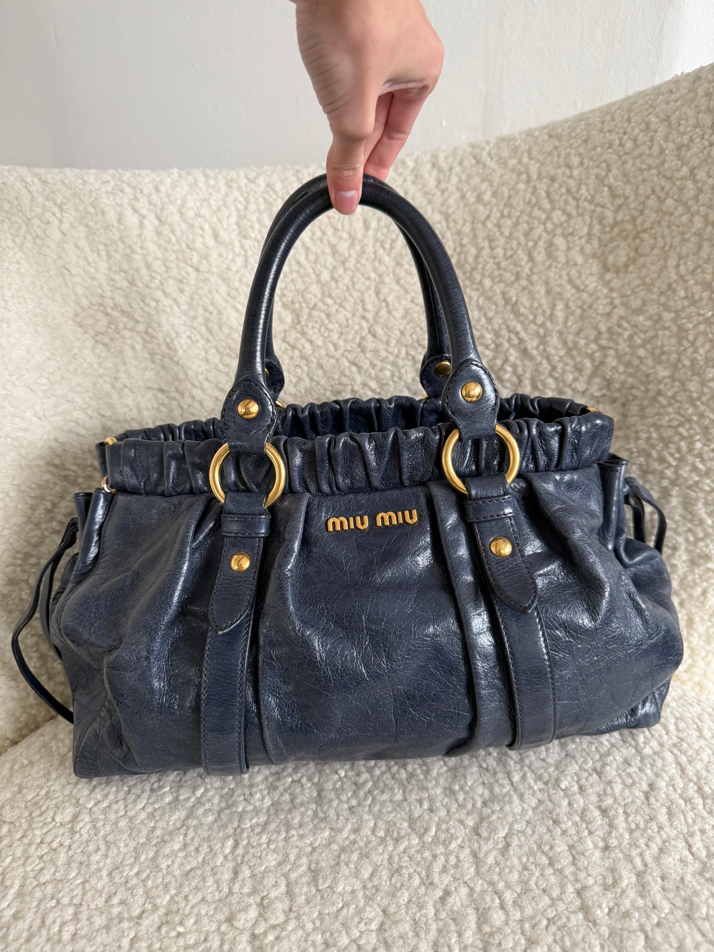 Miu Miu Blue Vitello Shine Satchel hand bag