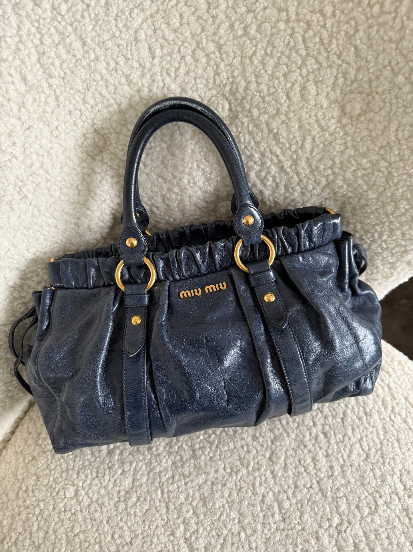 Miu Miu Blue Vitello Shine Satchel hand bag