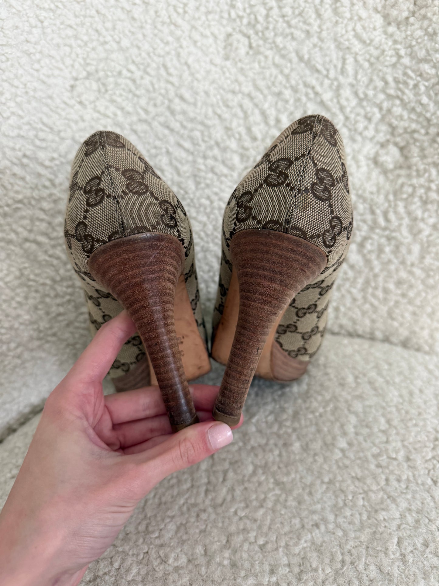 Gucci GG Canvas Horsebit Block Heel Pumps - size 6