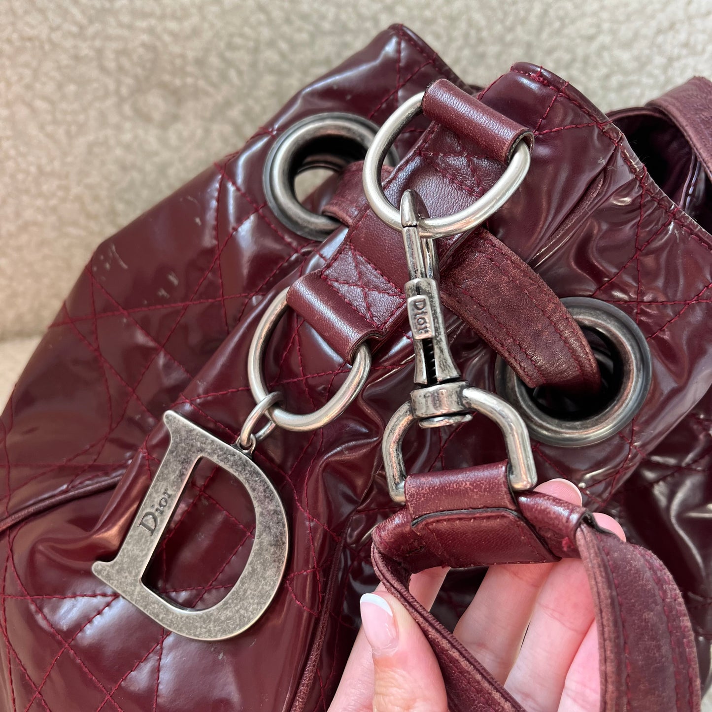 Dior Bordeaux Patent Bucket Bag