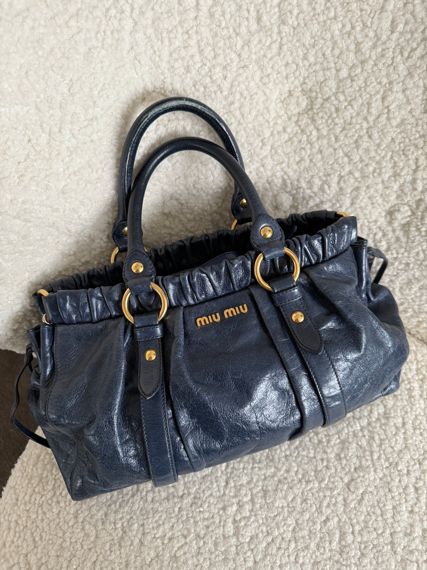 Miu Miu Blue Vitello Shine Satchel hand bag