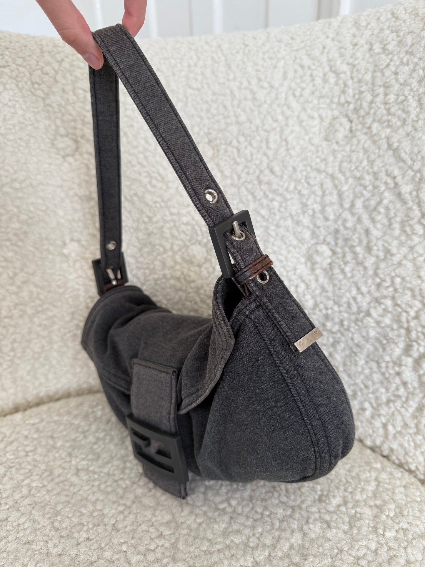 Fendi Grey Fabric Baguette Shoulder Bag