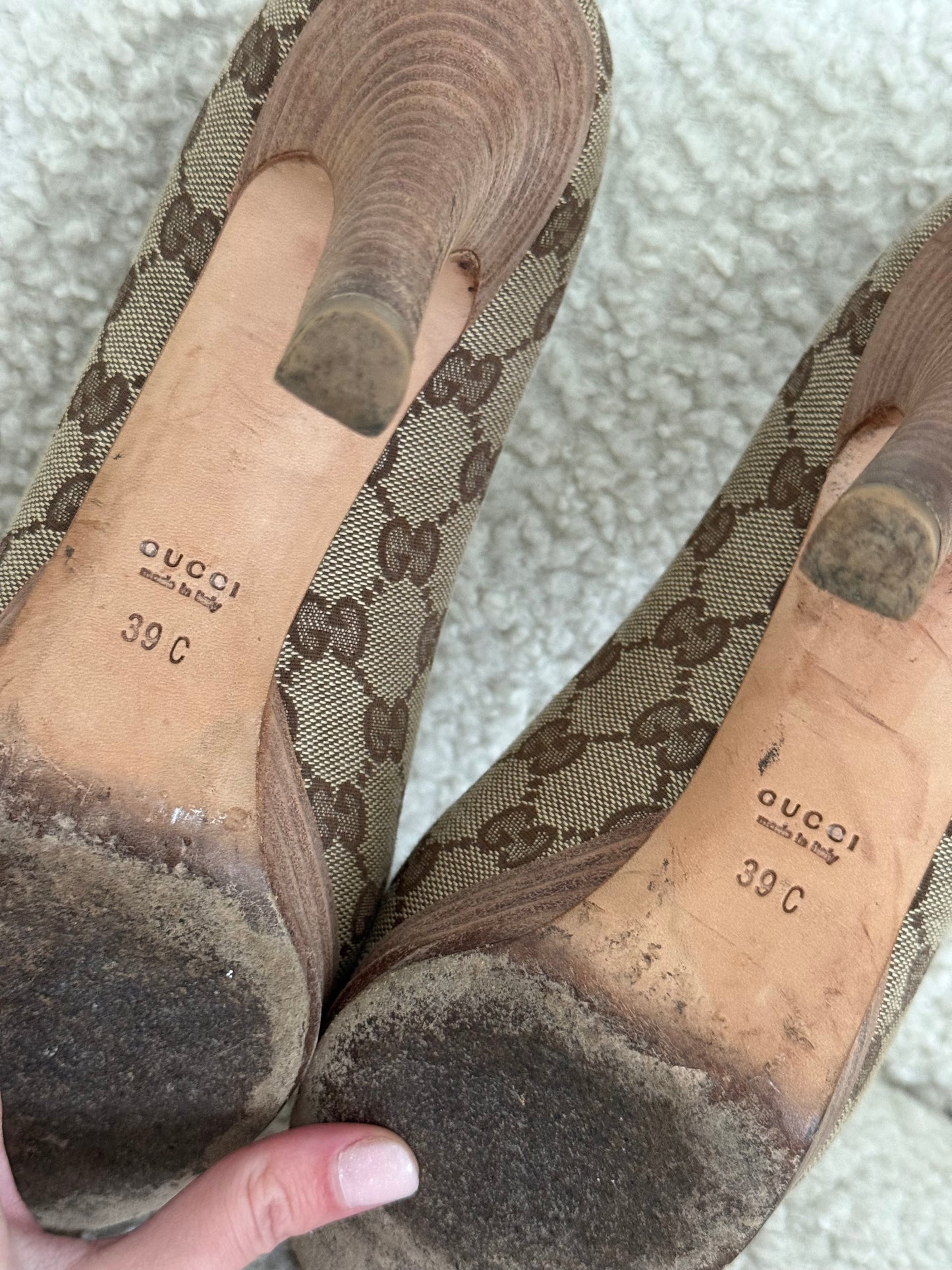 Gucci GG Canvas Horsebit Block Heel Pumps - size 6