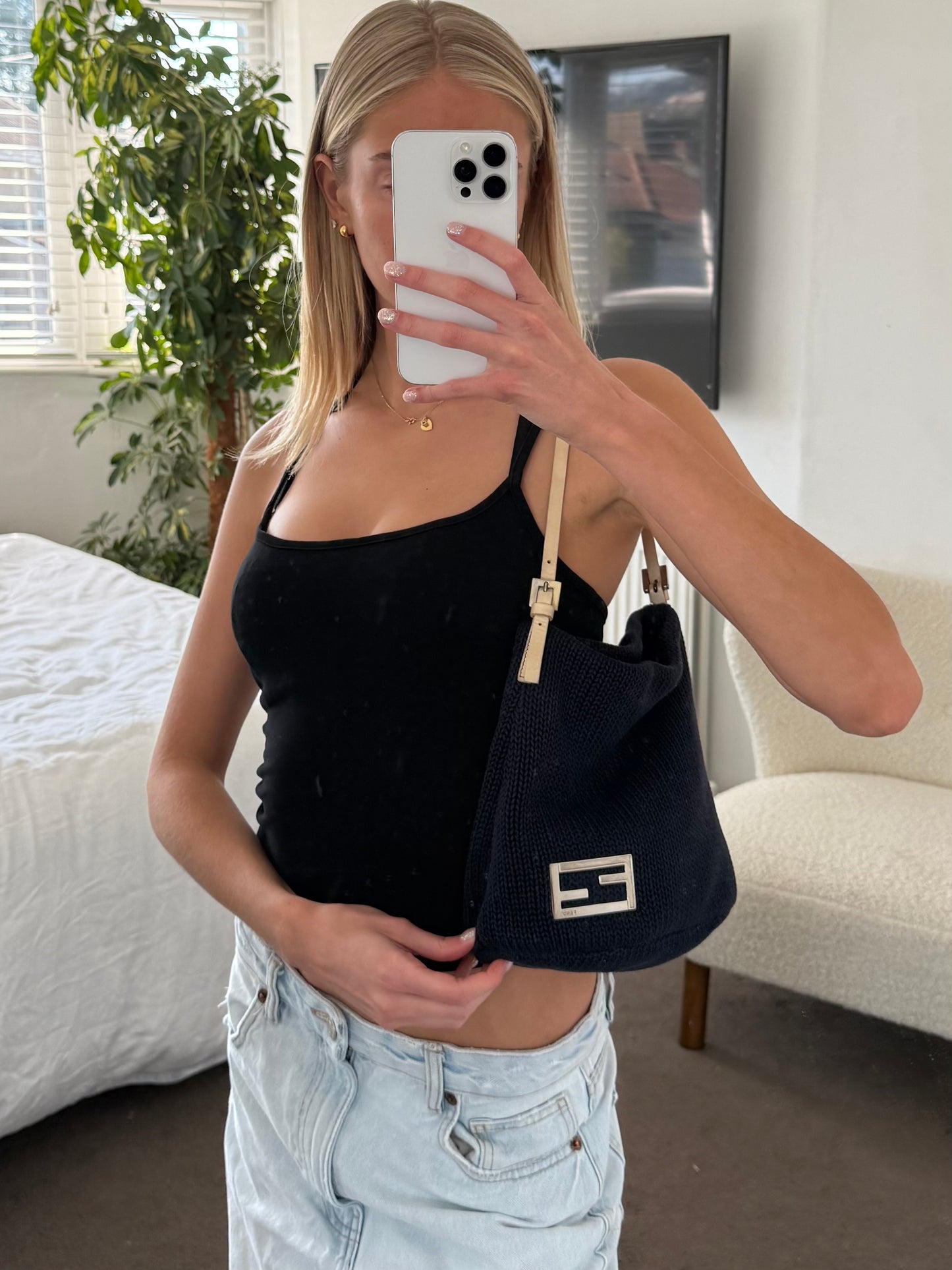Fendi Zucca Logo Knit Shoulder Bag Navy