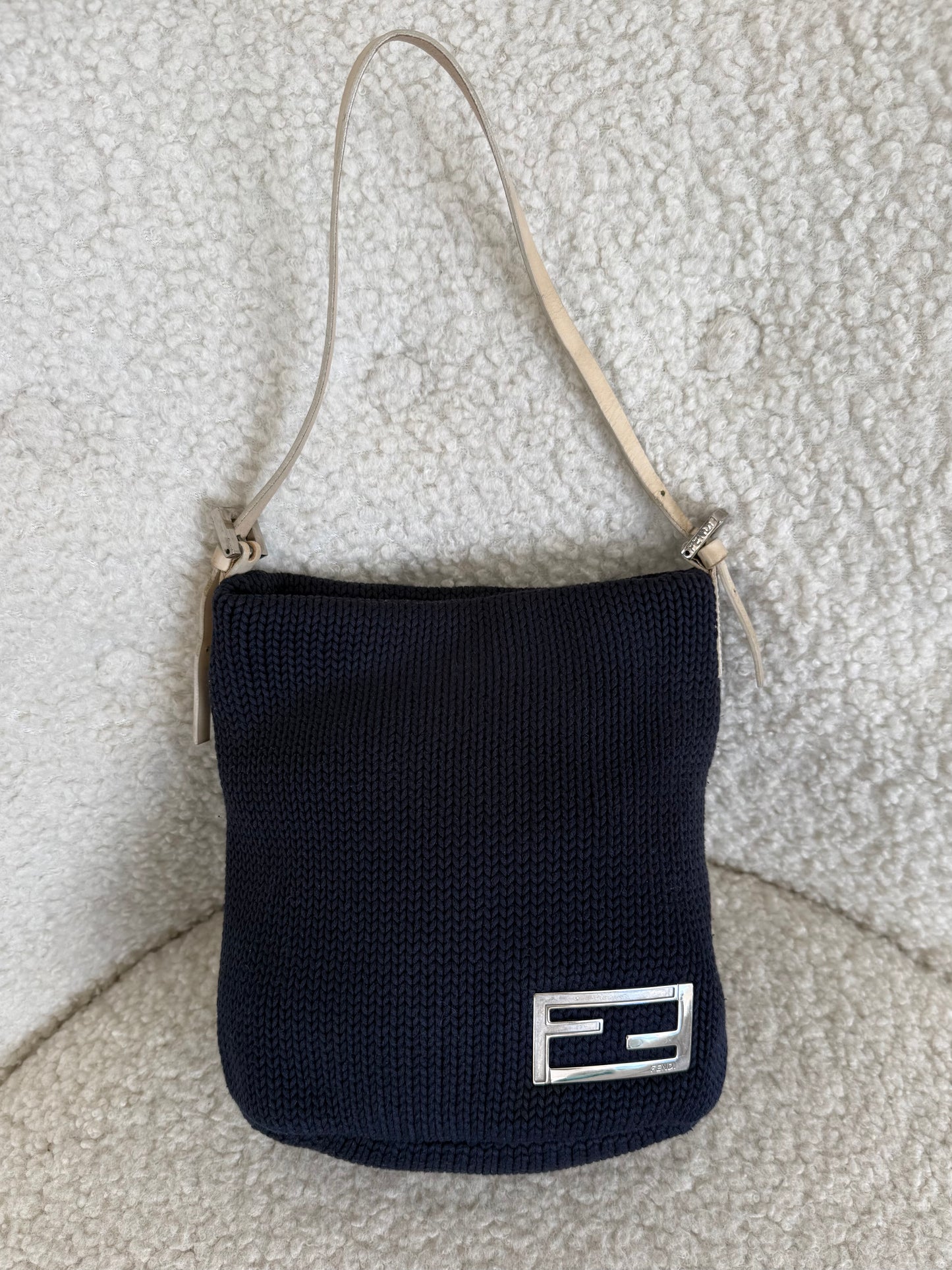 Fendi Zucca Logo Knit Shoulder Bag Navy