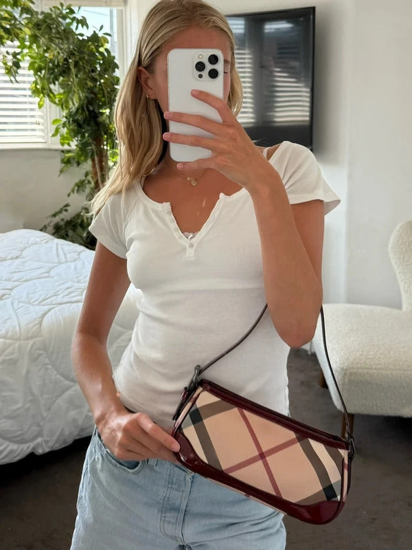 burberry nova check shoulder bag burgundy patent leather baguette