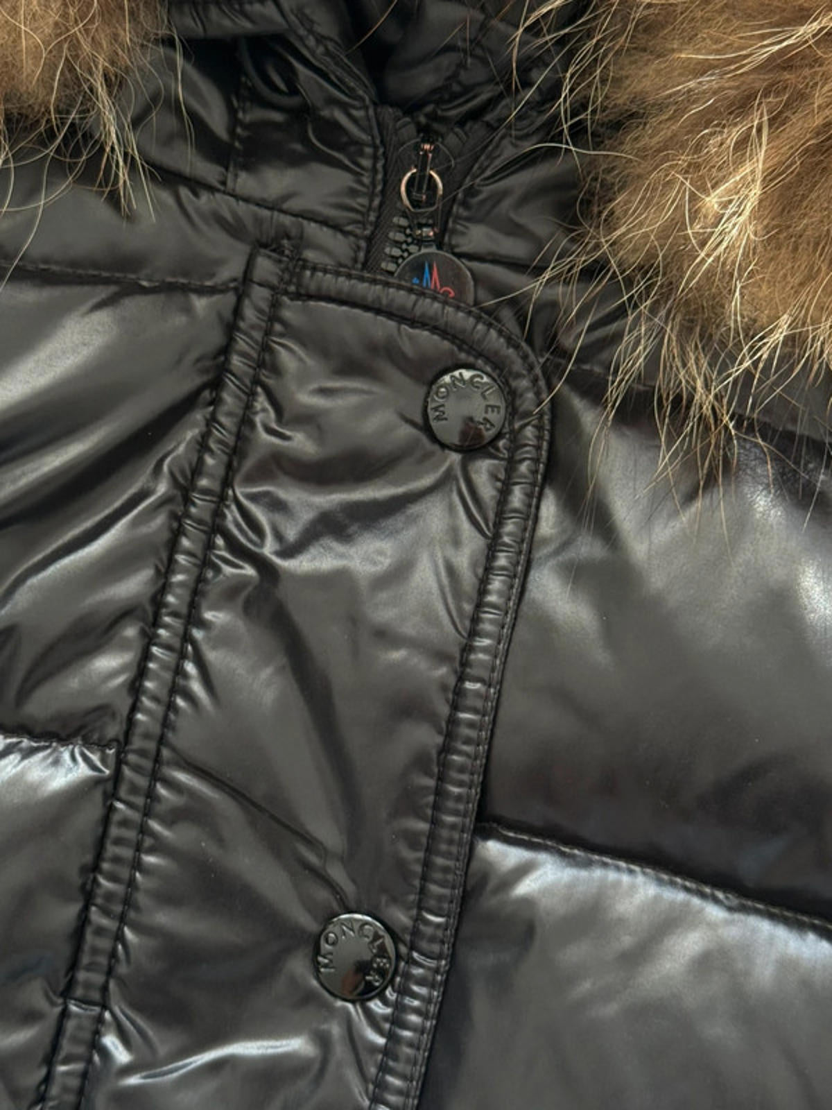 Moncler Maya Shiny Black Fur Hood Puffer Jacket