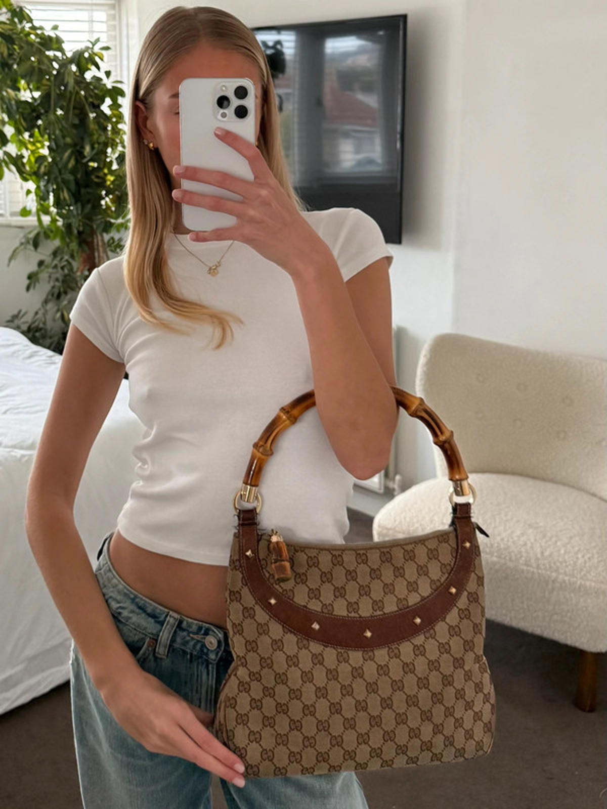 Gucci GG canvas bamboo handle shoulder bag