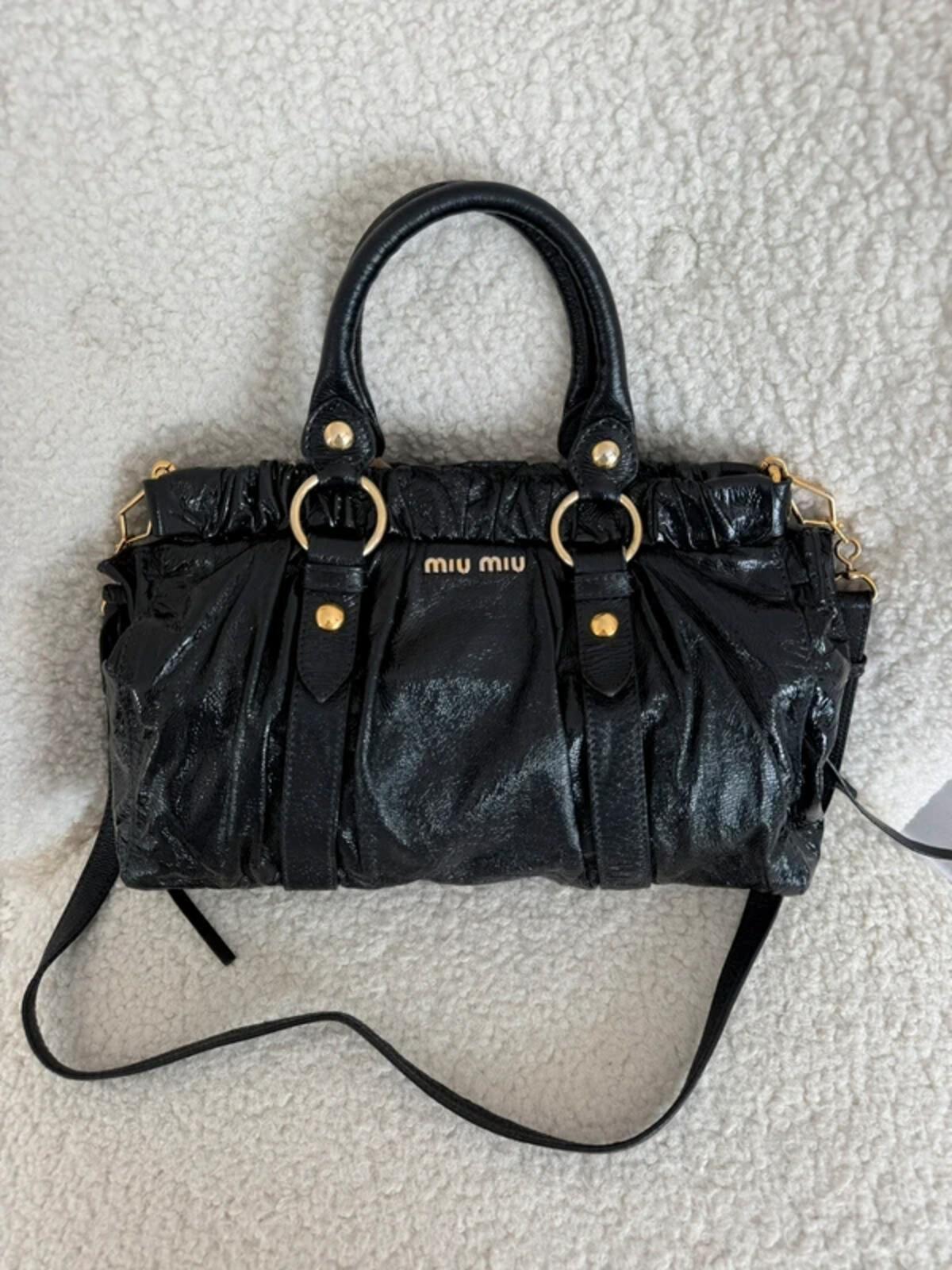 Miu Miu Black Vitello Lux Glazed Leather Ruched Bow Bag