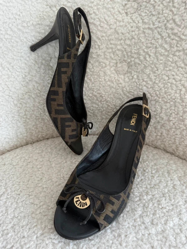 Fendi Zucca Canvas Logo Plaque Peep Toe Slingback Heels