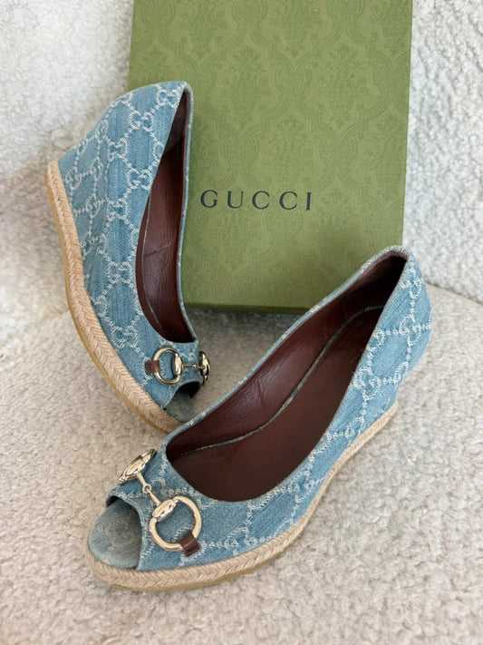 gucci charlotte denim horsebit wedge espadrilles