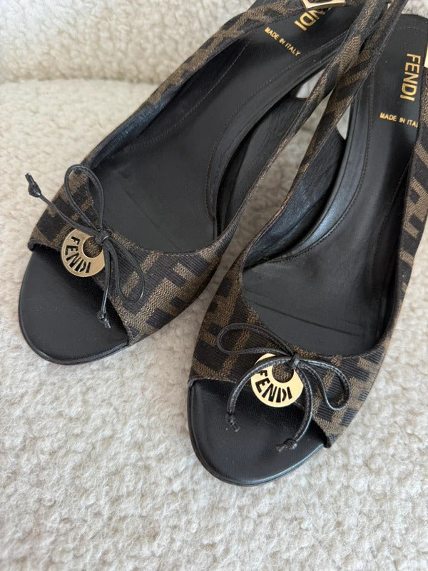 Fendi Zucca Canvas Logo Plaque Peep Toe Slingback Heels