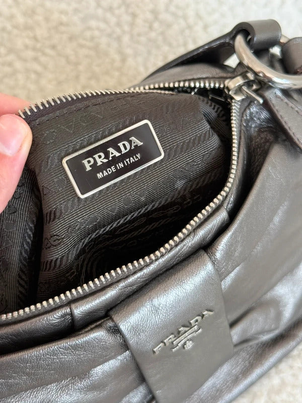 prada metallic grey leather bow shoulder bag