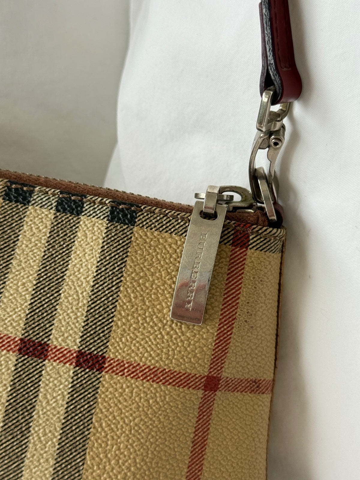 Burberry Nova Check Burgundy Leather Pochette Bag