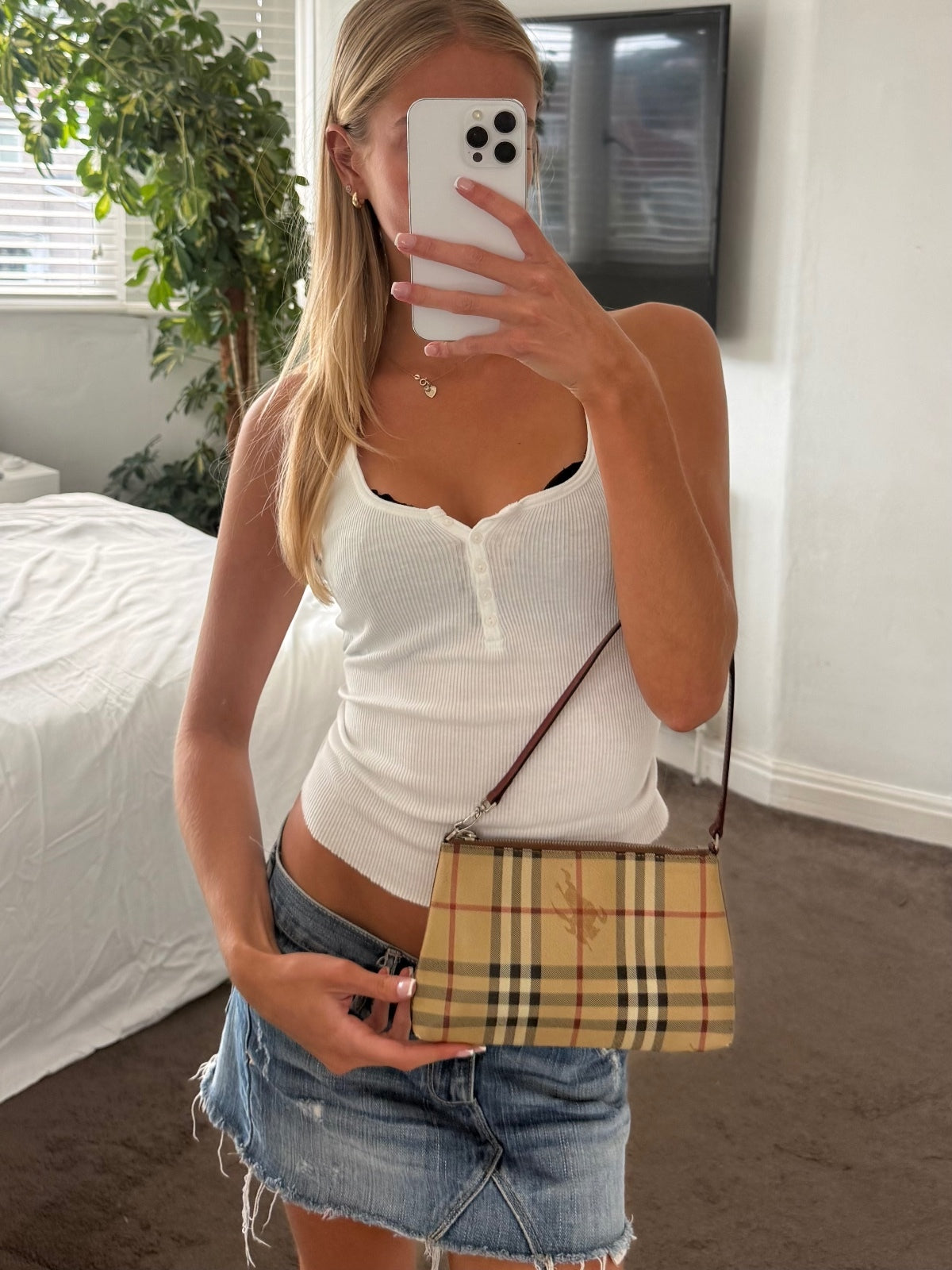 Burberry Nova Check Burgundy Leather Pochette Bag