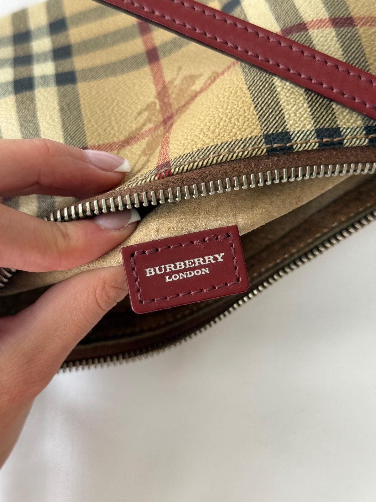 Burberry Nova Check Burgundy Leather Pochette Bag