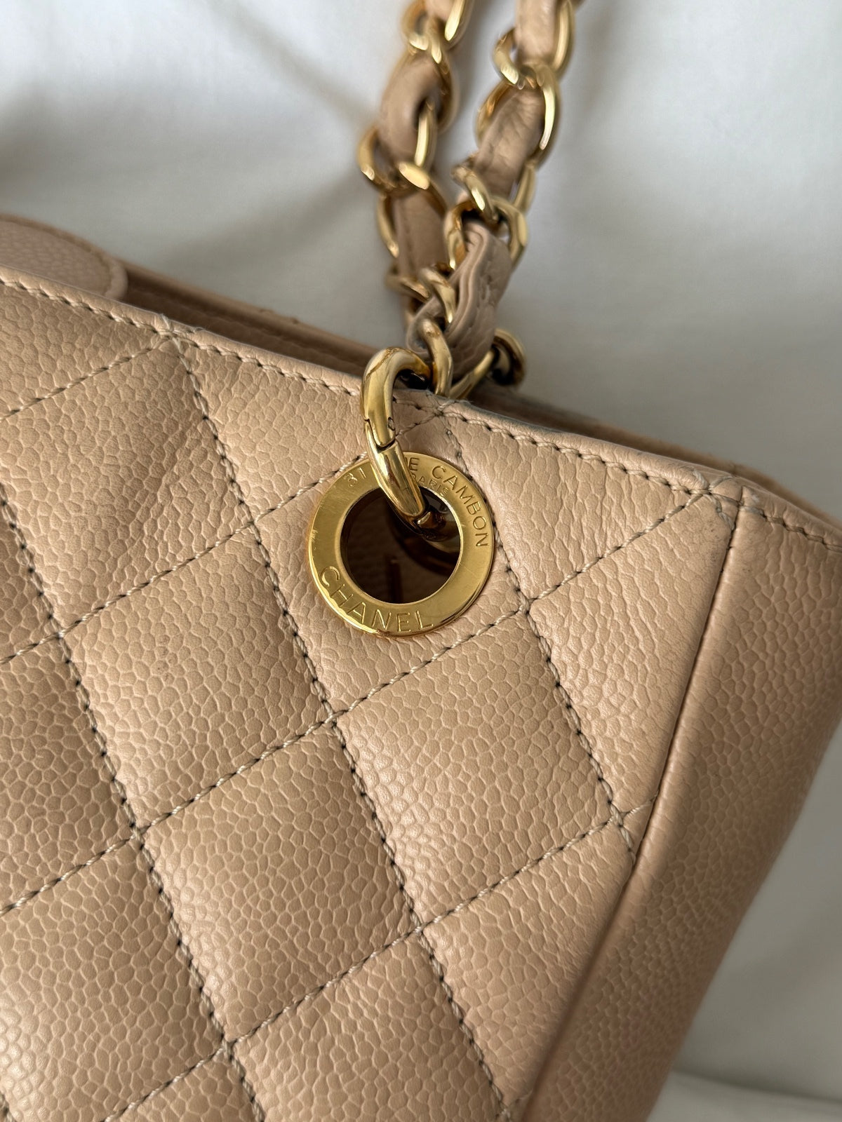 Chanel Beige Caviar Leather Petite Shopping Tote