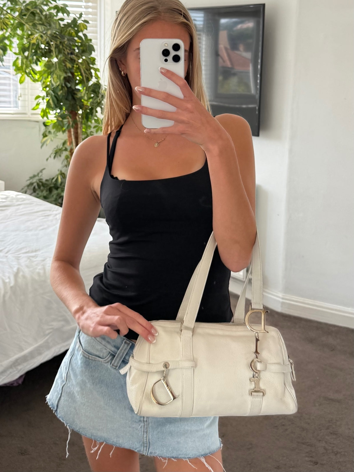 Christian Dior White Leather Spell Out Charm Shoulder Bag