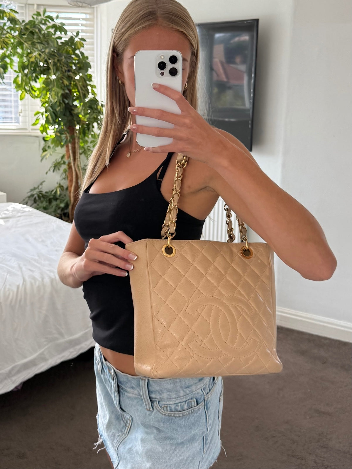 Chanel Beige Caviar Leather Petite Shopping Tote
