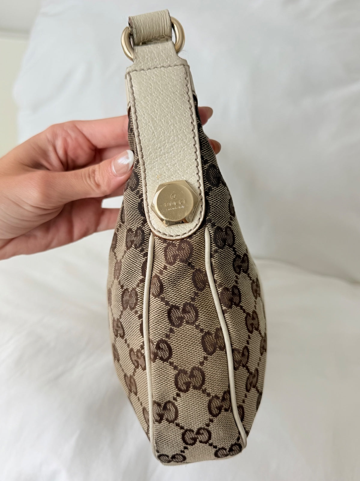 Gucci Ivory Small Monogram Canvas Hobo Bag