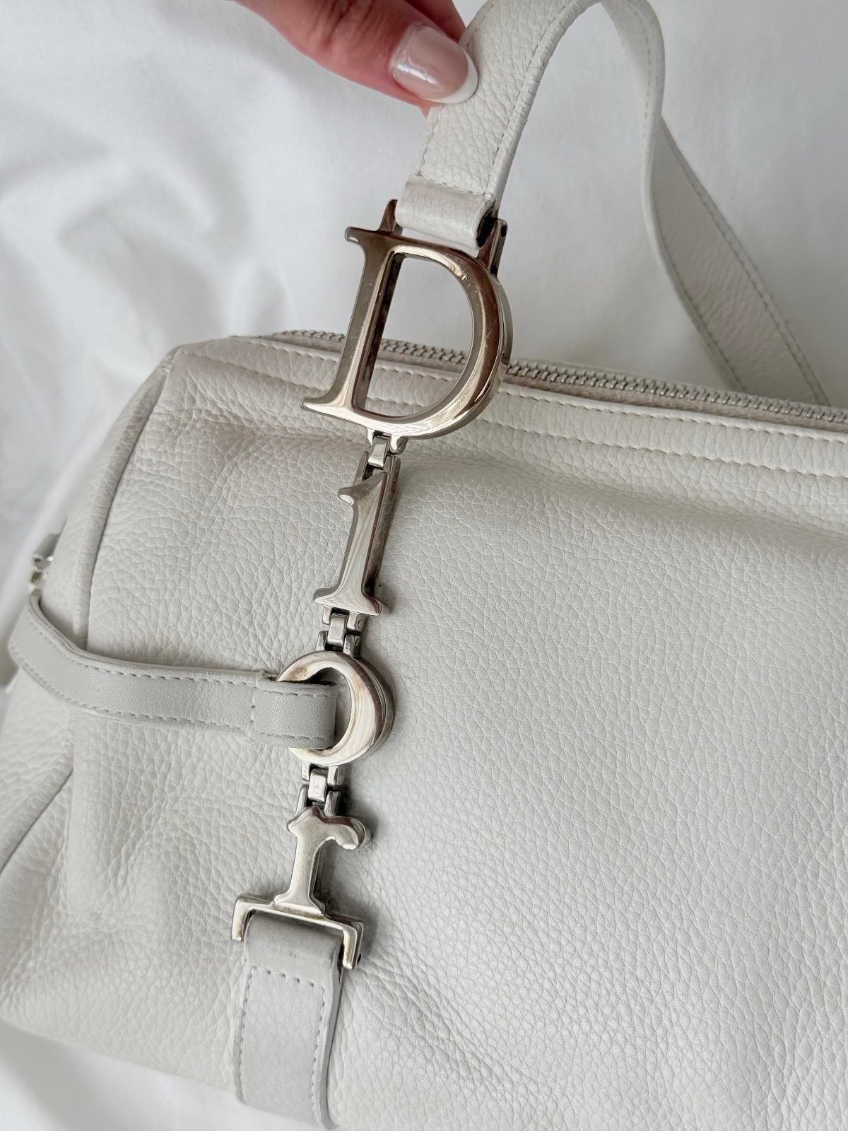 Christian Dior White Leather Spell Out Charm Shoulder Bag