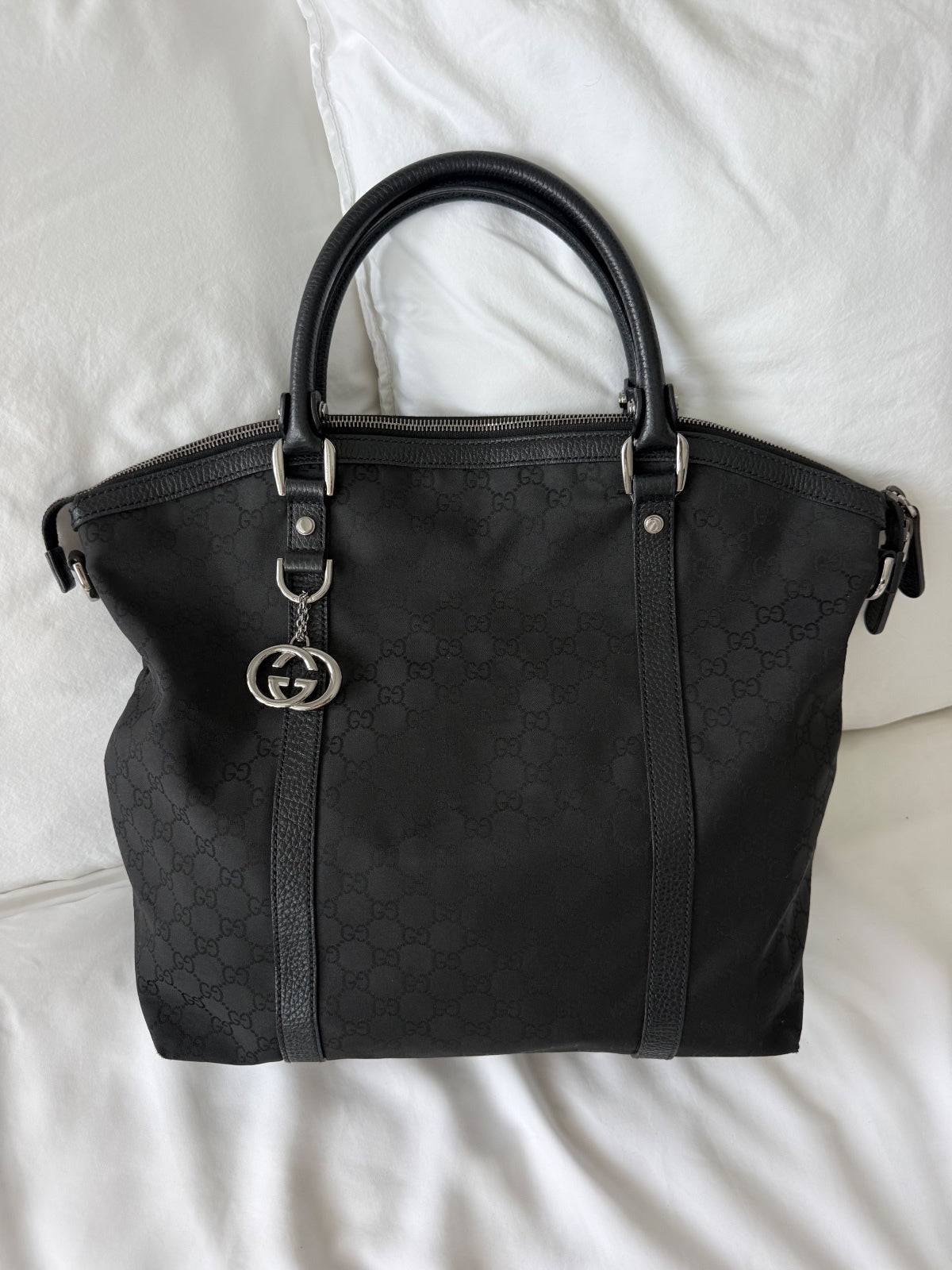 Gucci Black GG Monogram Charm Tote Bag