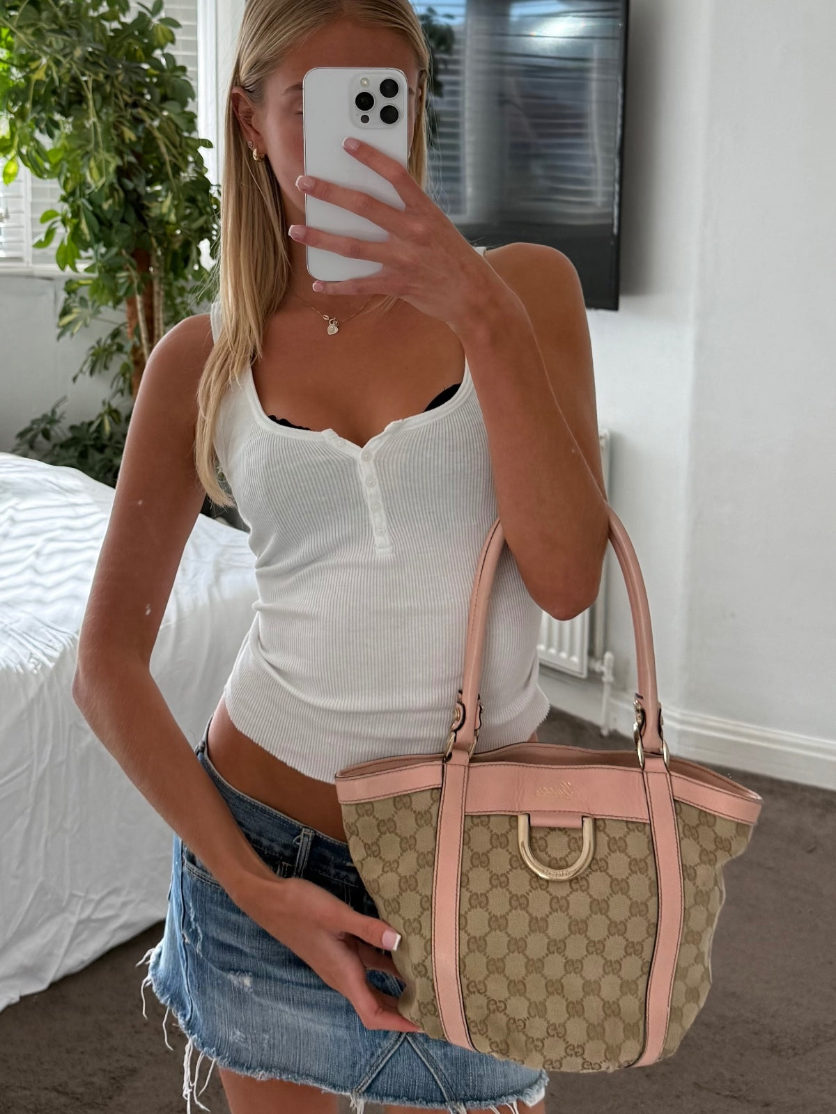 Gucci Pink GG Monogram D-Ring Bucket Bag