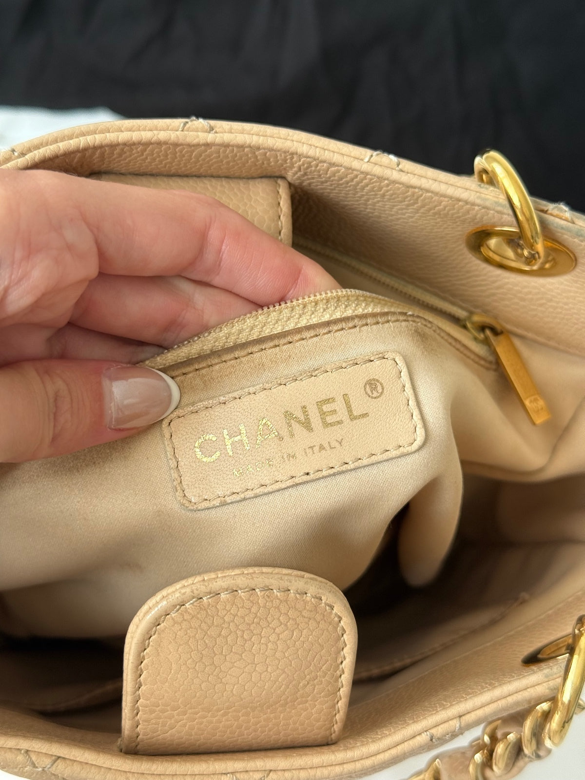 Chanel Beige Caviar Leather Petite Shopping Tote