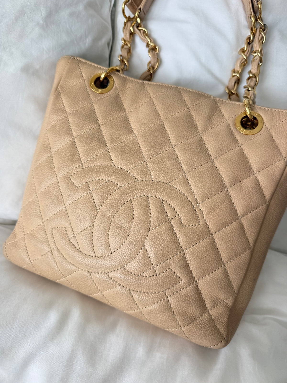 Chanel Beige Caviar Leather Petite Shopping Tote