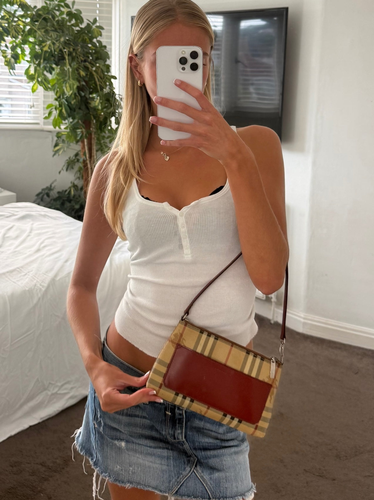 Burberry Nova Check Burgundy Leather Pochette Bag